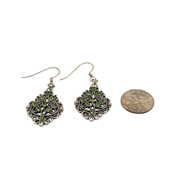Pierced Earrings Filigree Dangle Drop Silver Tone Green Rhinestone Hook Boho - Picture 4 of 7